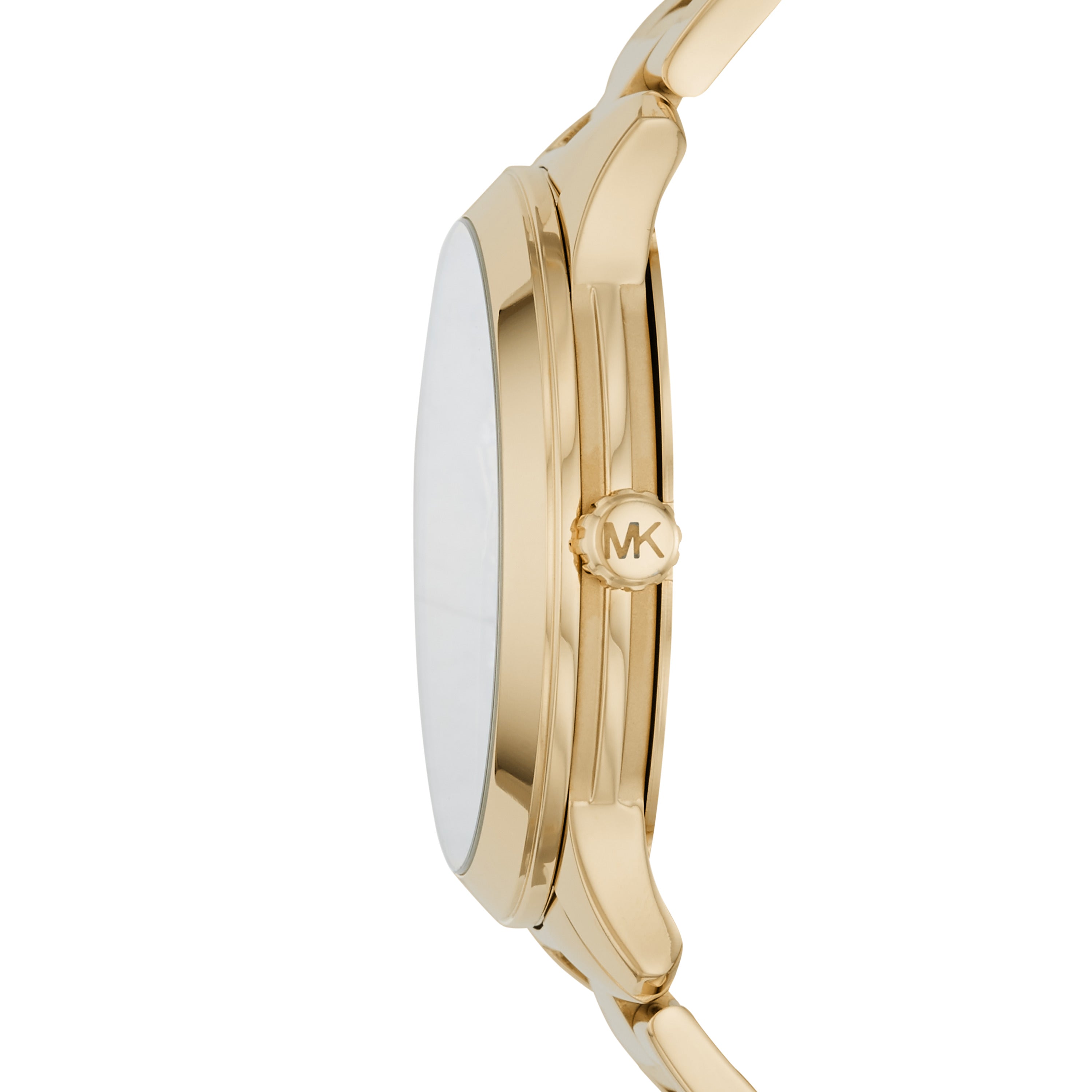 Side profile of Michael Kors Runway watch showing gold-tone stainless steel case and bracelet thickness
