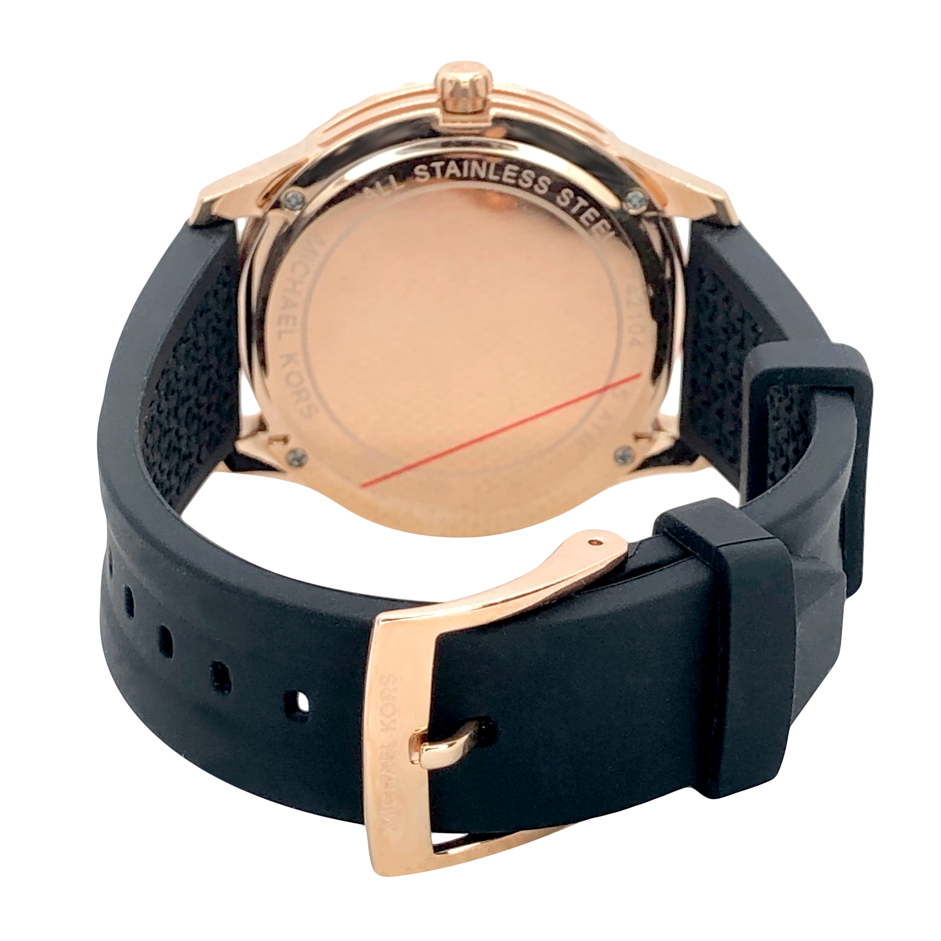 Michael Kors Runway MK6852 caseback showing stainless steel with rose gold finish