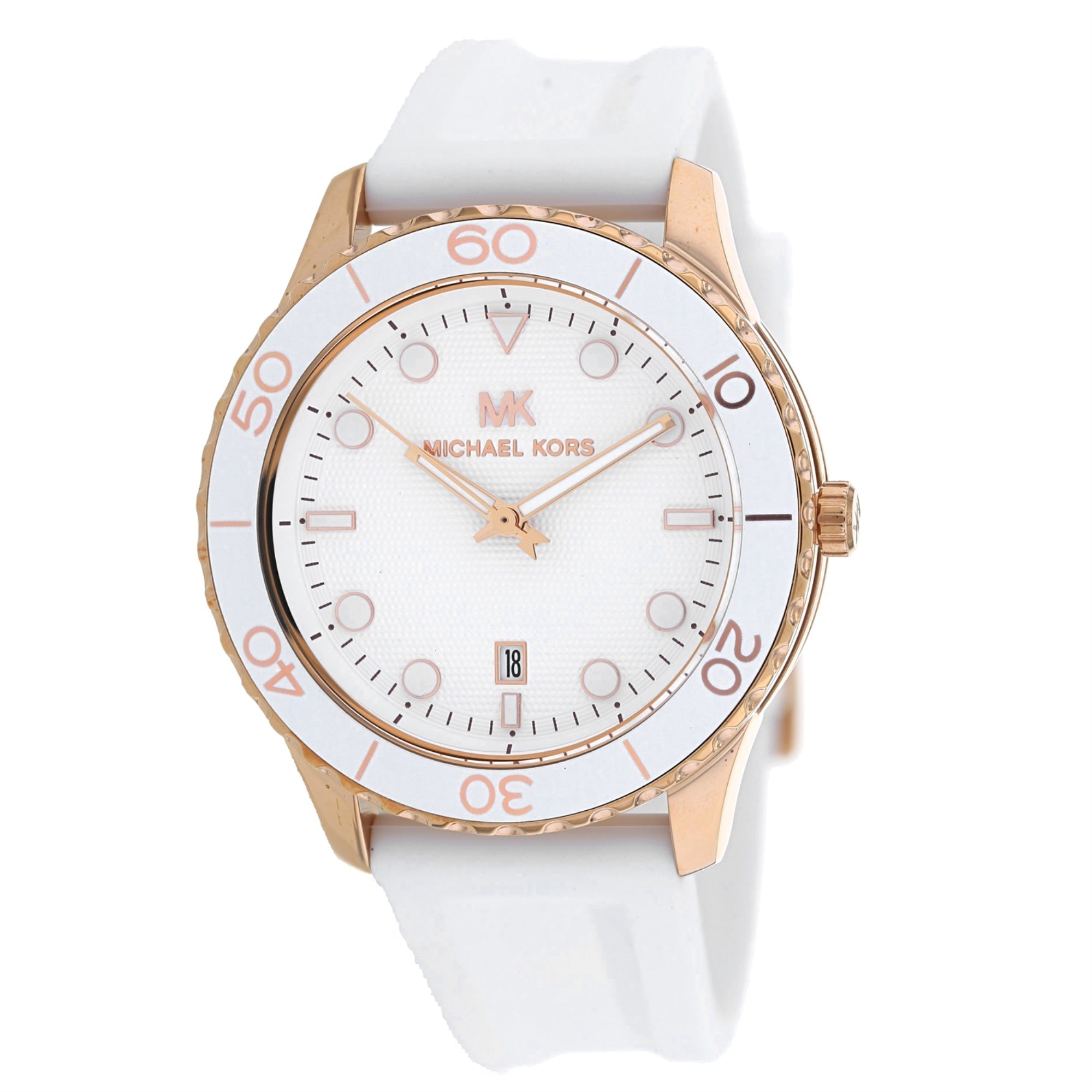 Michael Kors Runway women's watch with rose gold case, white dial, and white silicon strap