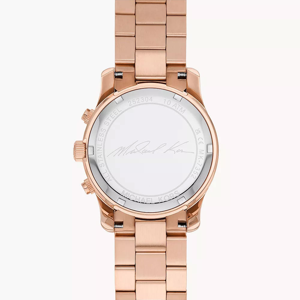 Michael Kors Runway MK7352 caseback detail with Michael Kors signature engraving on white dial
