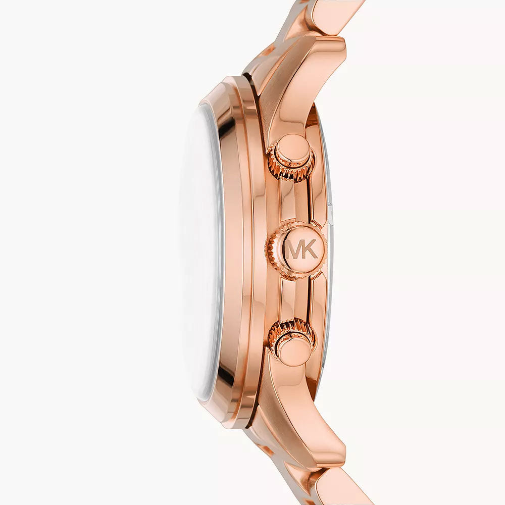 Michael Kors Runway MK7352 rose gold-tone watch shown from side profile with chronograph pushers visible