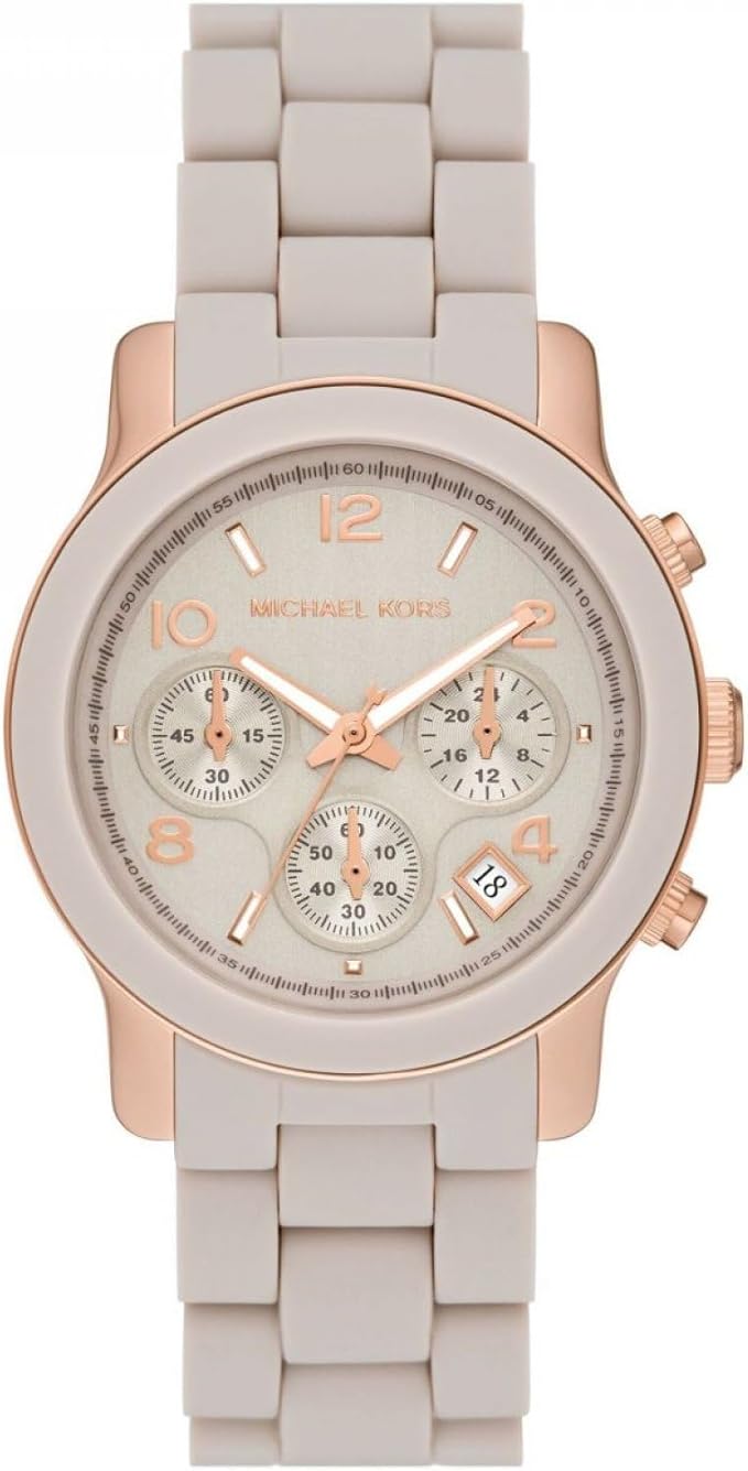 Michael Kors Runway Chronograph women's watch with grey dial and rose gold chronograph subdials
