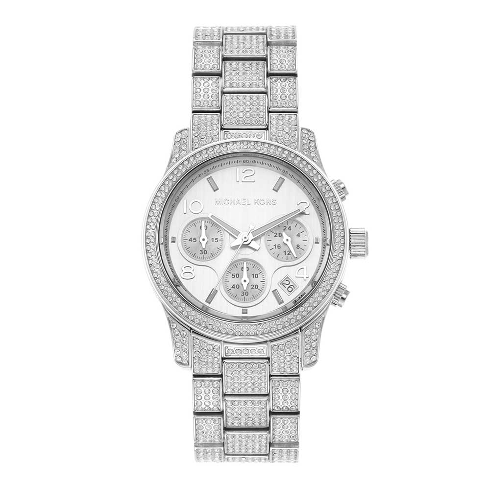 Michael Kors Runway MK7434 silver chronograph watch with pavé bezel and rhinestone bracelet