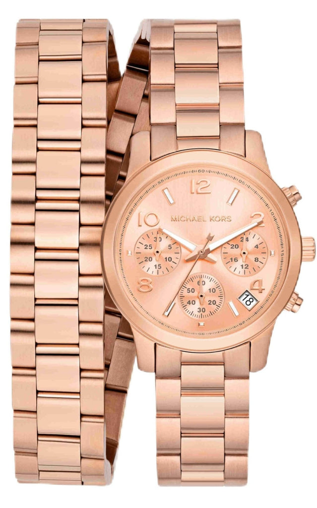 Michael Kors Runway rose gold chronograph watch with matching wrap bracelet