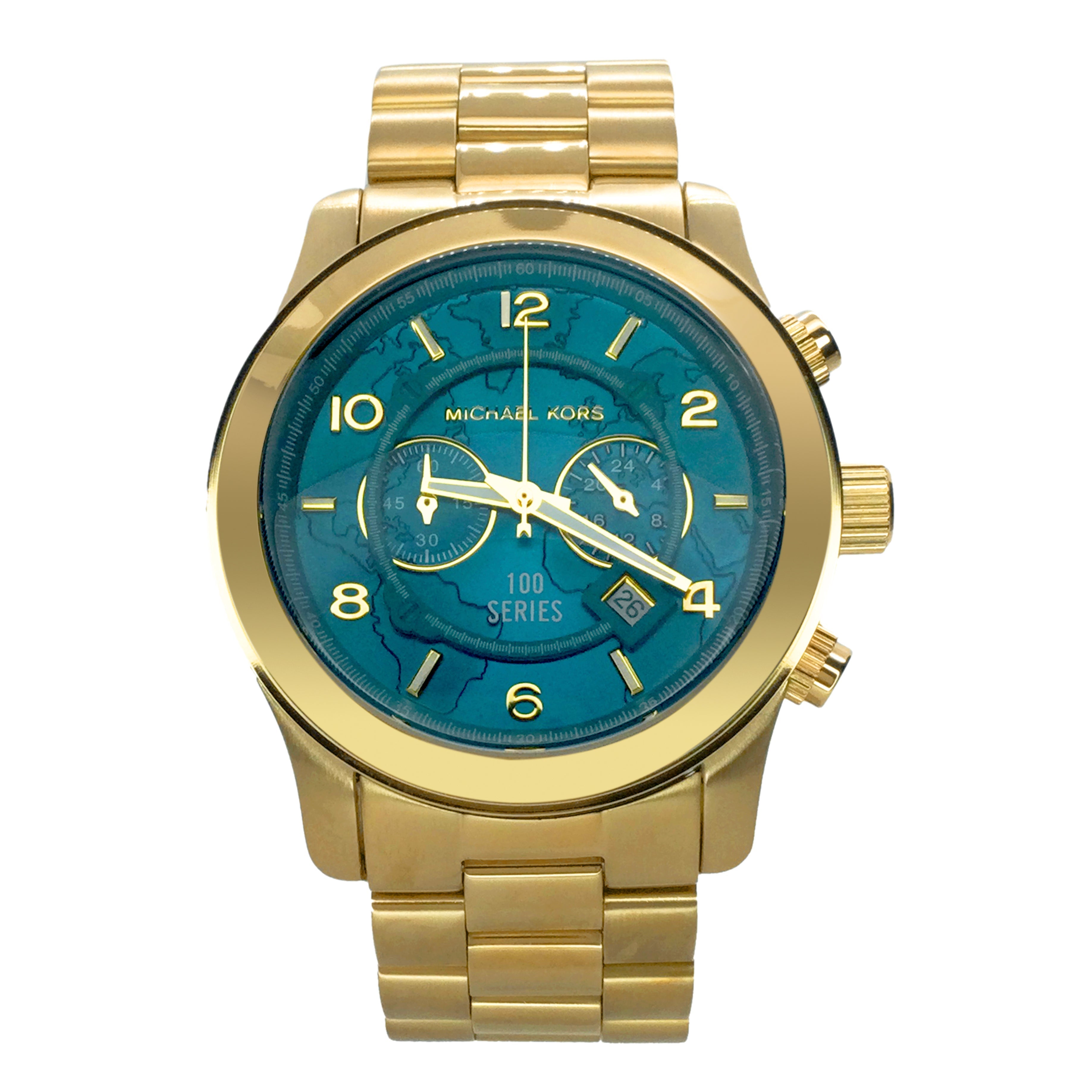 Michael Kors Runway gold-tone women's watch with blue dial and chronograph subdials