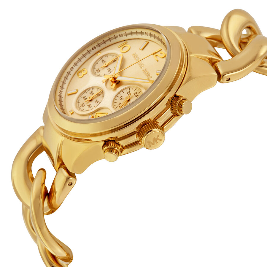 Michael Kors Runway Twist MK3131 gold watch with twisted strap detail and chronograph subdials