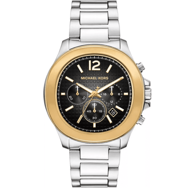 Michael Kors Sage men's chronograph watch with two-tone stainless steel case and bracelet, black dial with gold bezel