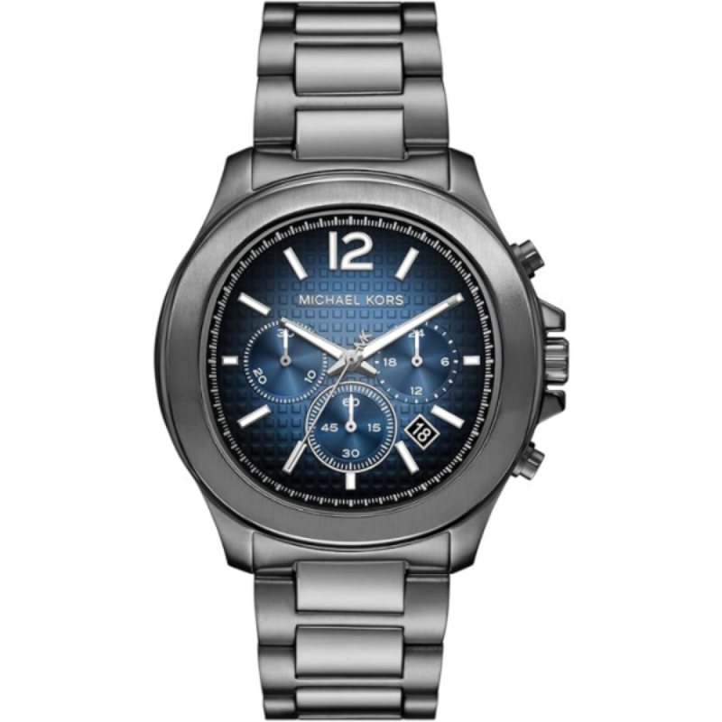 Michael Kors Sage gunmetal chronograph watch with blue dial and steel bracelet