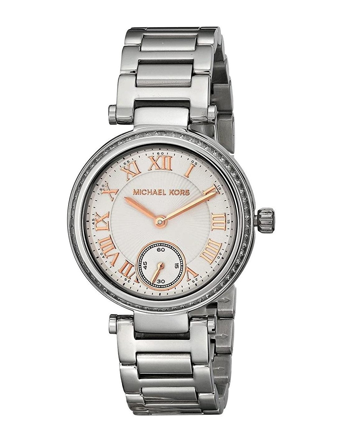 Michael Kors Skylar silver-tone stainless steel women's watch with rose-accented dial and sub-dial
