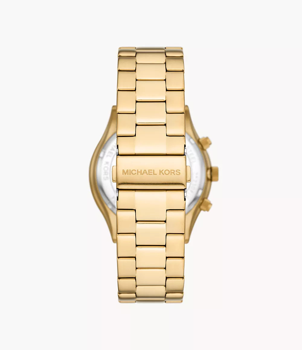 Back view of Michael Kors Slim Runway MK1076 watch showing gold-tone stainless steel case and bracelet