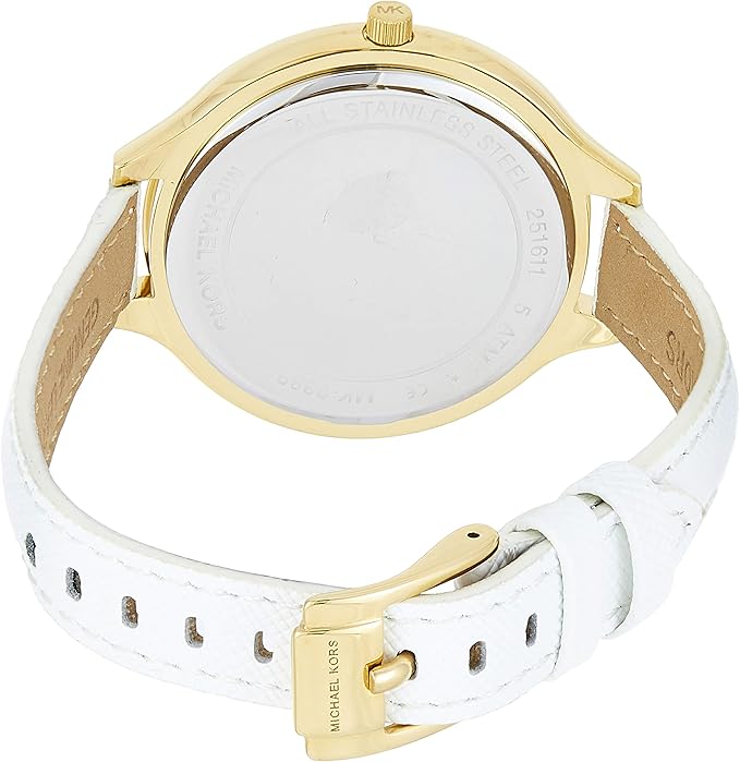 Back view of Michael Kors Slim Runway watch showing white leather strap and gold buckle