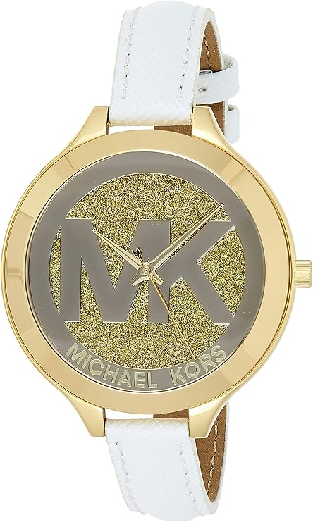 Michael Kors Slim Runway gold watch with glitter gold dial and white leather strap on wrist
