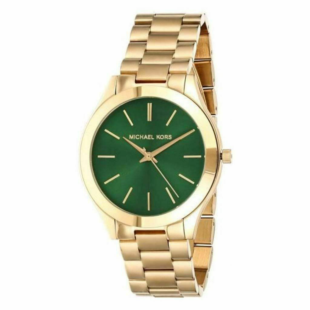 Michael Kors Slim Runway watch with green dial and gold-tone stainless steel bracelet