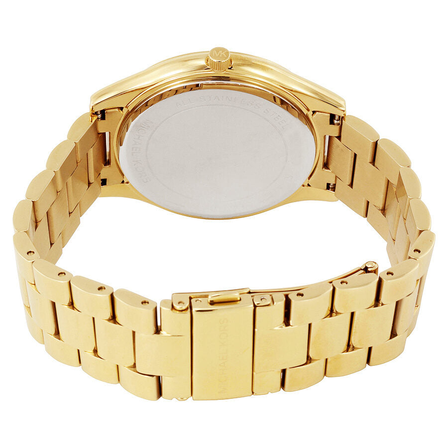 Michael Kors Slim Runway MK3590 gold bracelet watch back view with caseback