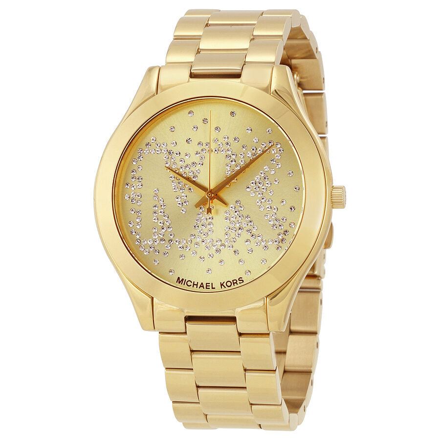 Michael Kors Slim Runway MK3590 gold ladies watch with glittering dial and gold bracelet