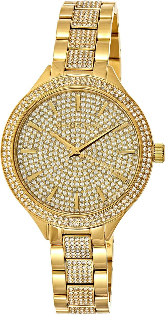 Michael Kors Slim Runway gold-tone women's watch with pavé crystal dial and matching bracelet