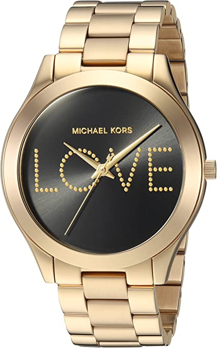 Michael Kors Slim Runway gold-tone women's watch with black dial and LOVE design