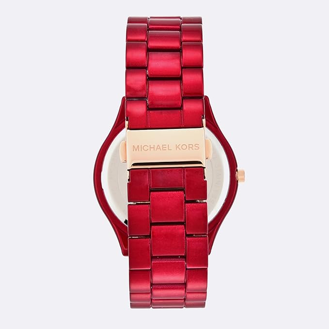 Red steel bracelet watch back showing gold-tone MK logo and bracelet links