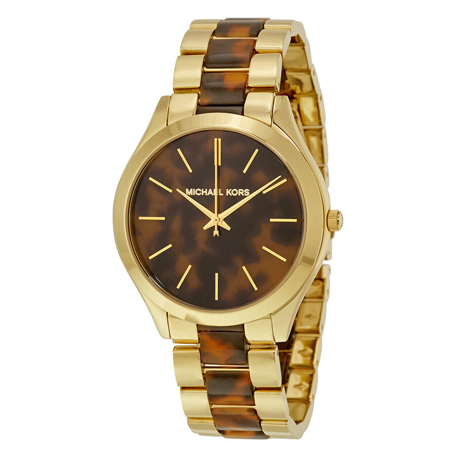 Michael Kors Slim Runway watch with tortoise-shell dial and gold-tone mixed-metal bracelet
