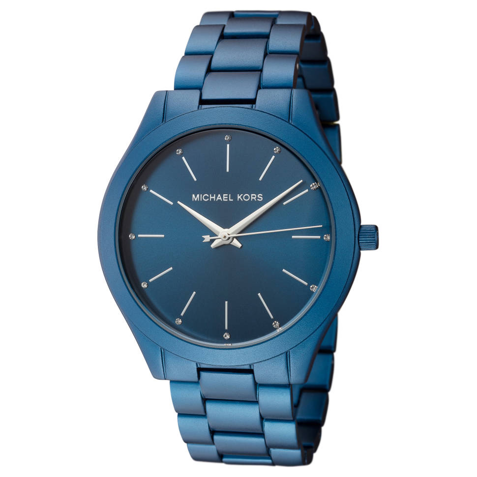 Michael Kors Slim Runway navy blue watch with minimalist dial and blue metal bracelet