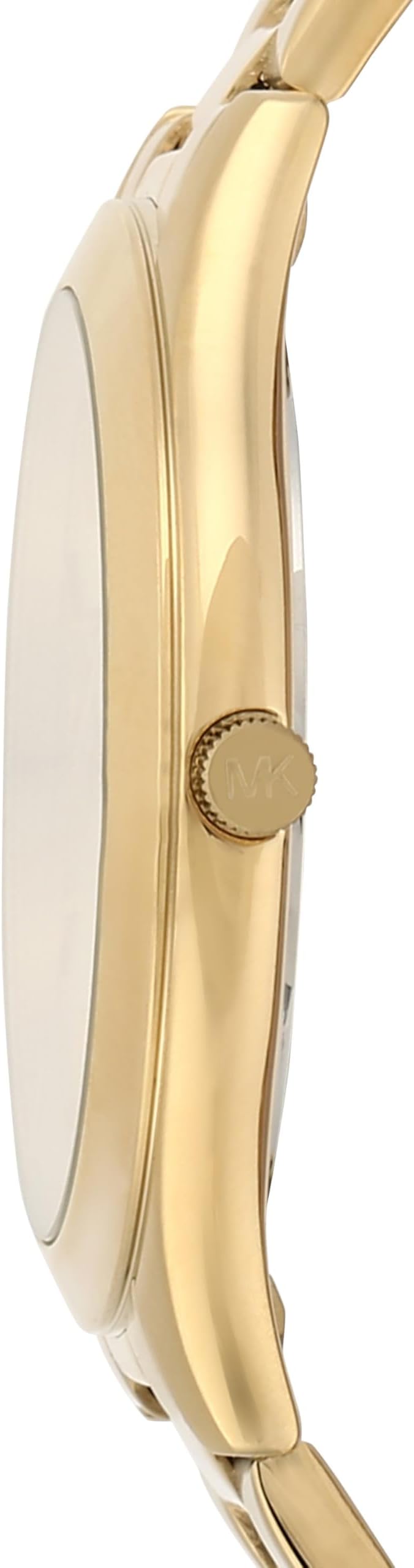 Michael Kors Slim Runway MK8671 angled side view of gold case, crown, and bracelet
