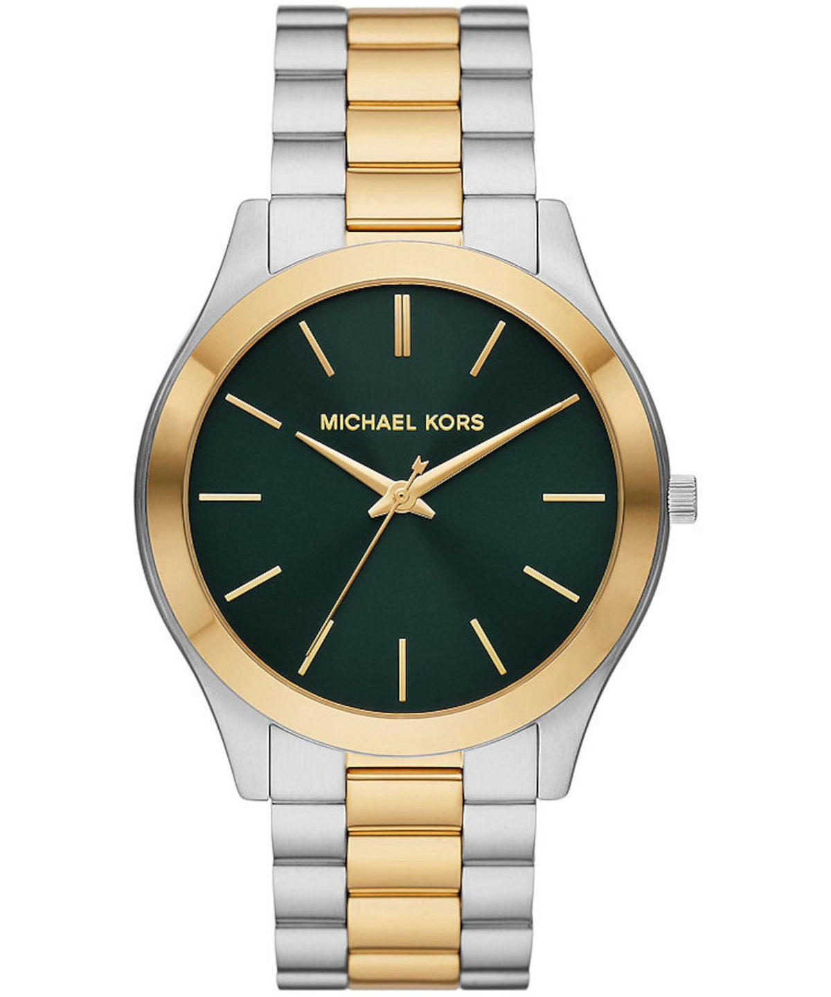 Michael Kors Slim Runway quartz watch, front view with green dial and mixed metal bracelet