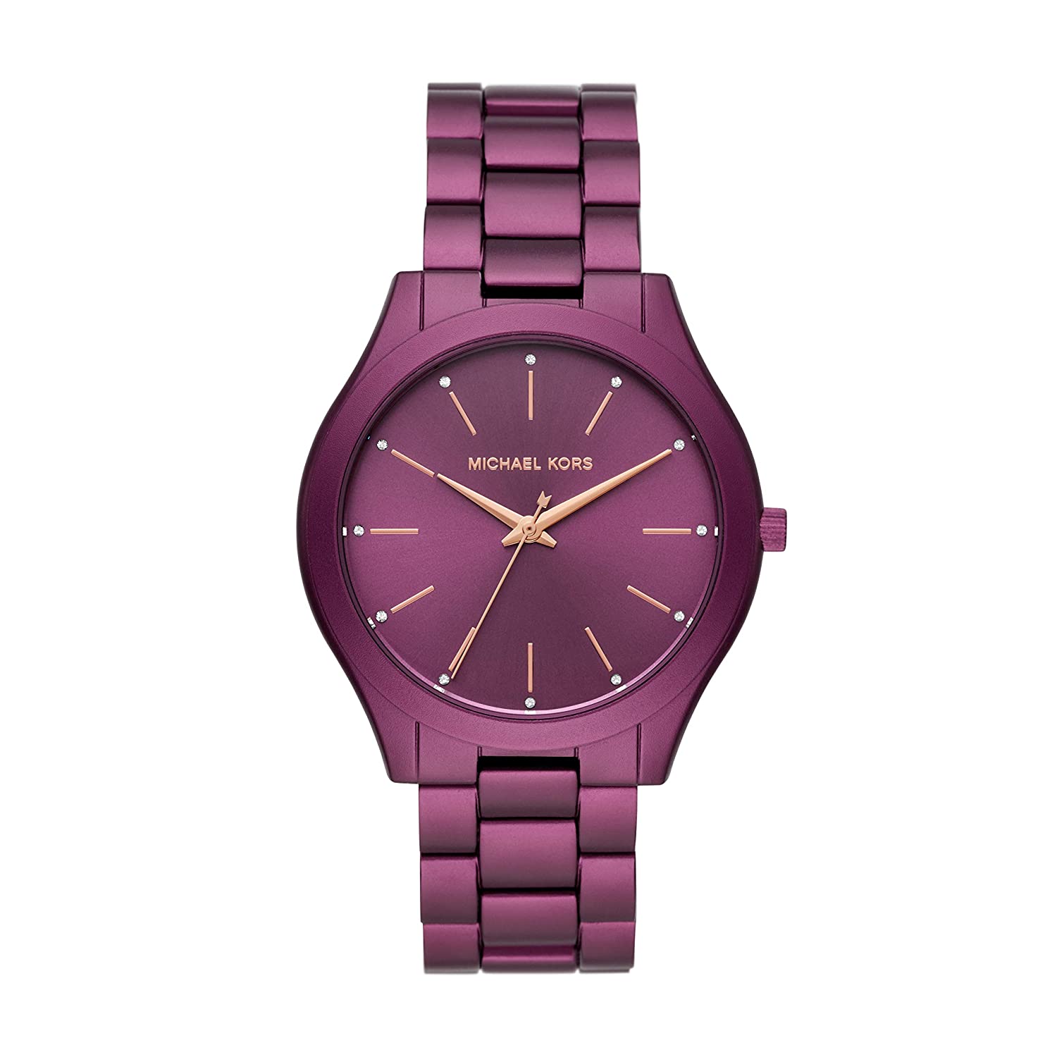 Michael Kors Slim Runway purple women's watch with round dial and metal bracelet