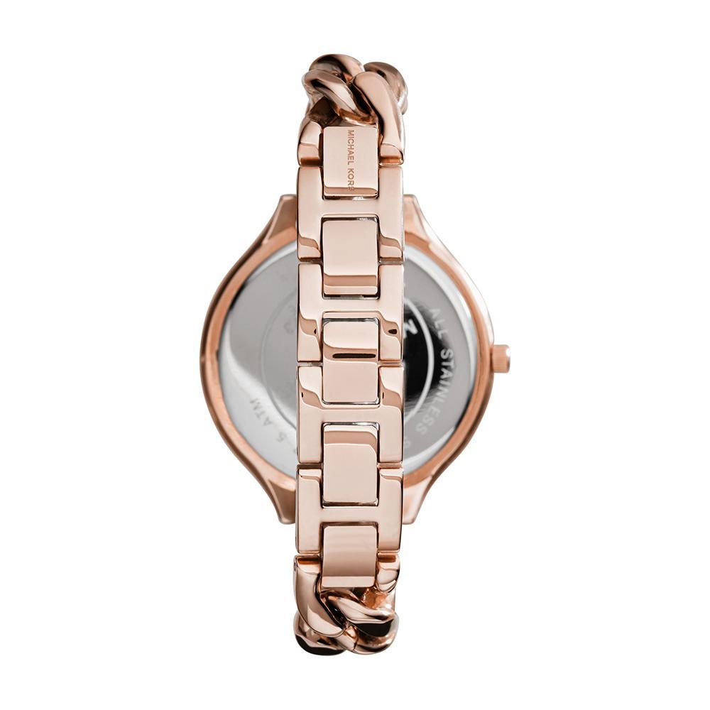 Back view of Michael Kors Slim Runway Twist watch showing caseback and mixed metal bracelet