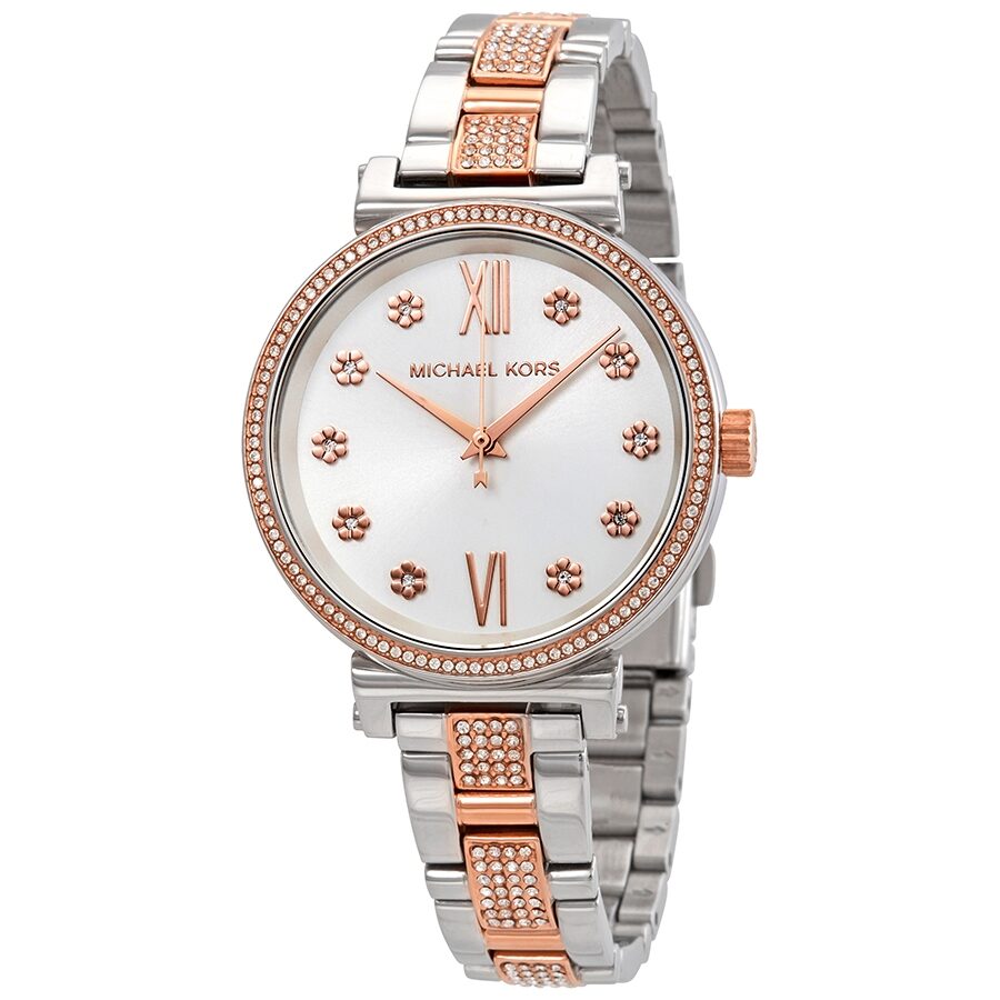Michael Kors Sofie two-tone ladies watch with silver crystal dial, rose gold accents, and diamond indices
