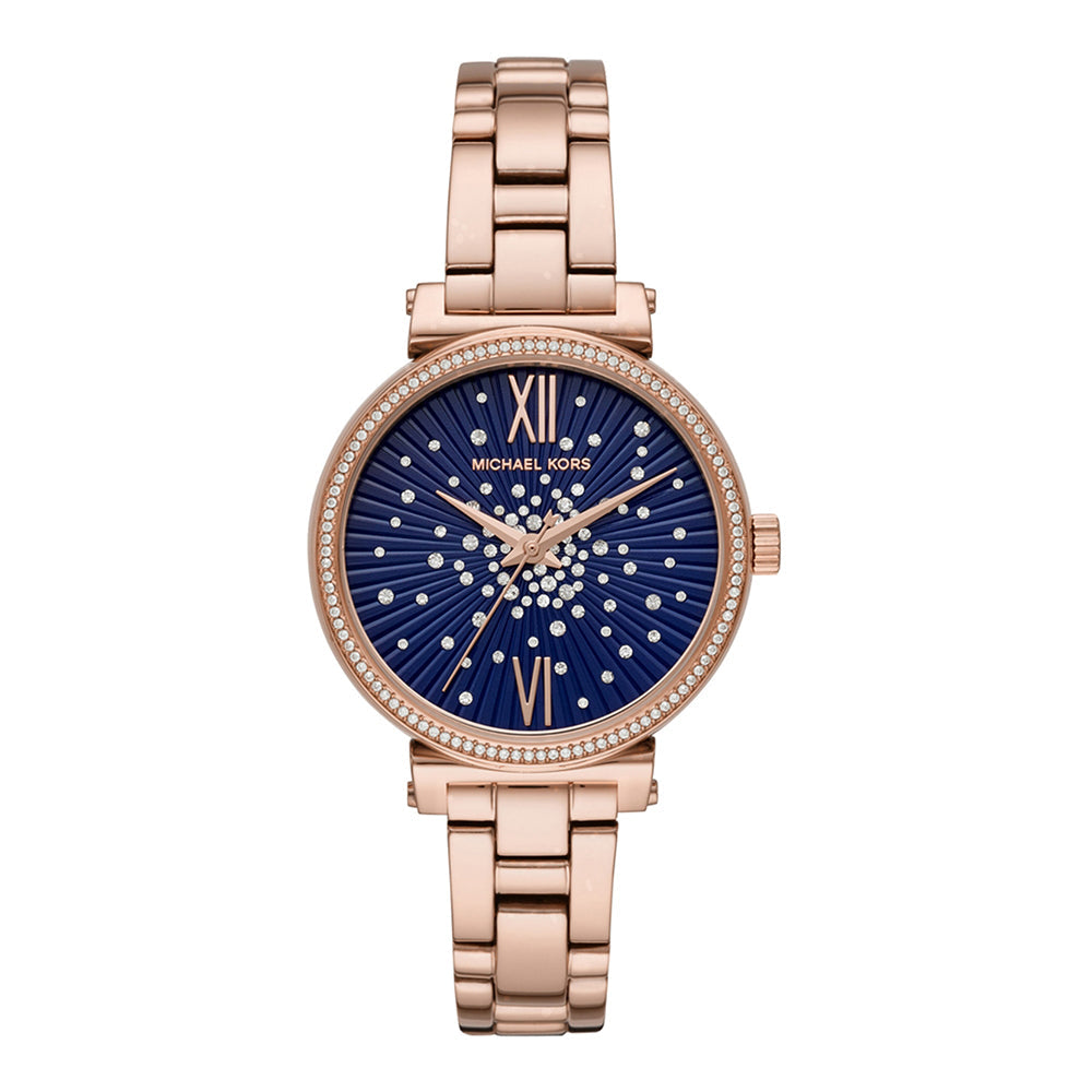 Michael Kors Sofie rose gold quartz watch with navy dial and crystal-set bezel