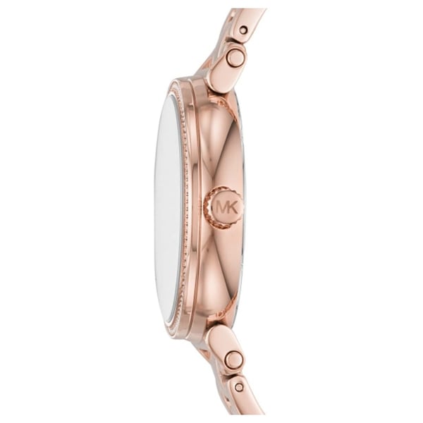 Side profile of Michael Kors Sofie watch showing case thickness and rose gold tone