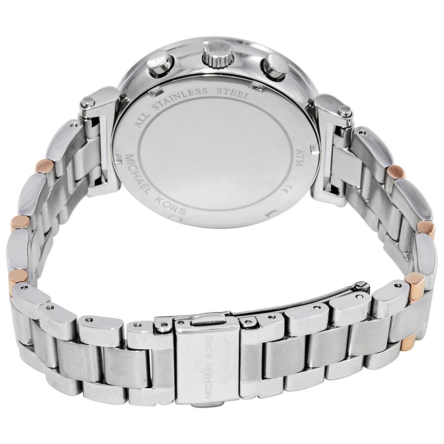 Michael Kors Sofie MK6558 caseback showing stainless steel construction and bracelet detail