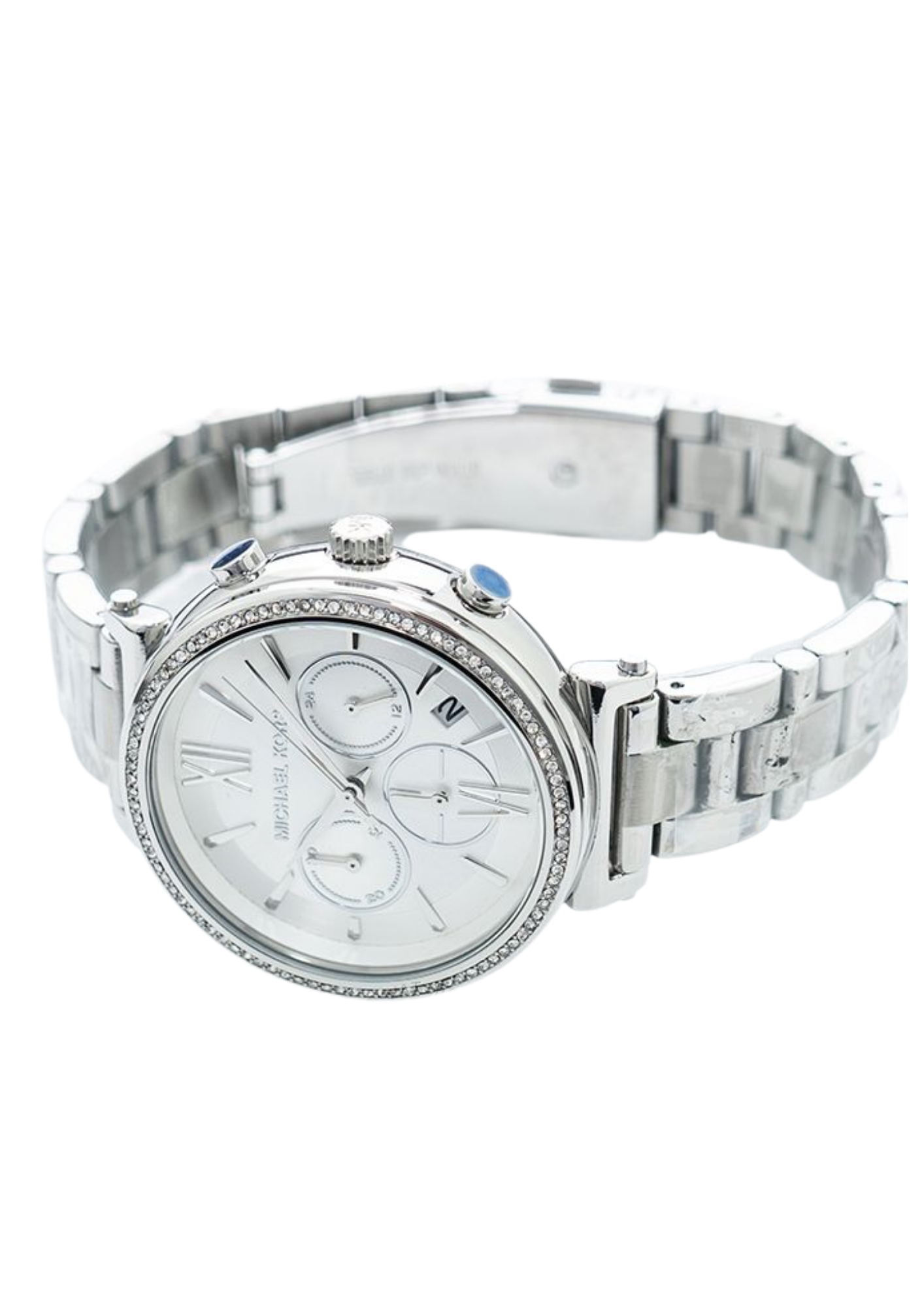 Michael Kors Sofie watch shown from side angle with stainless steel bracelet and chronograph subdials visible