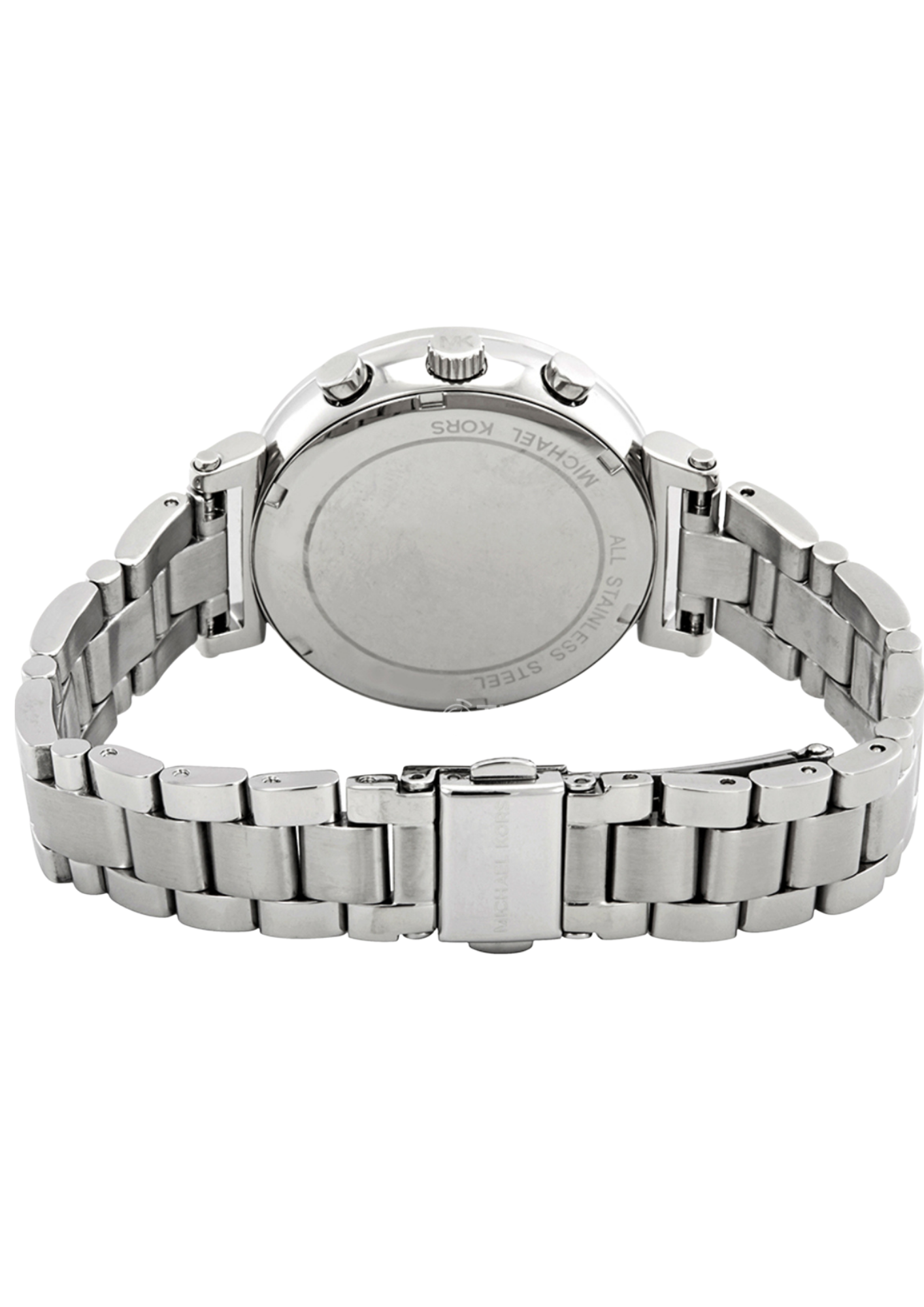 Back view of Michael Kors Sofie watch showing stainless steel case back and bracelet