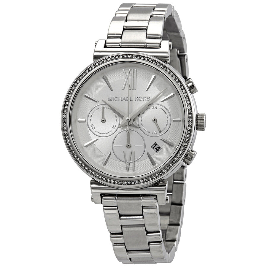Michael Kors Sofie chronograph watch with silver dial, Roman numerals, and three subdials