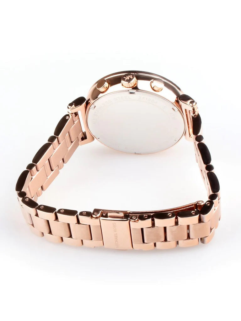 Angled view of Michael Kors Sofie watch back showing rose gold bracelet and case profile