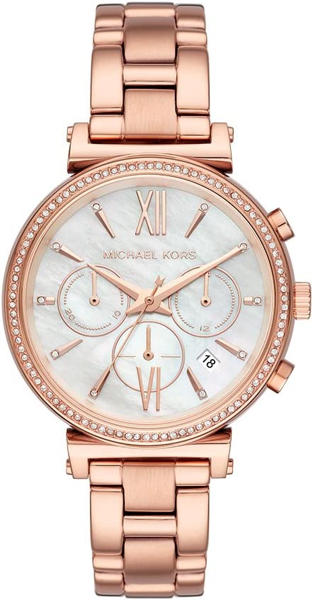 Michael Kors Sofie chronograph watch with mother of pearl dial, crystal bezel, rose gold case and bracelet