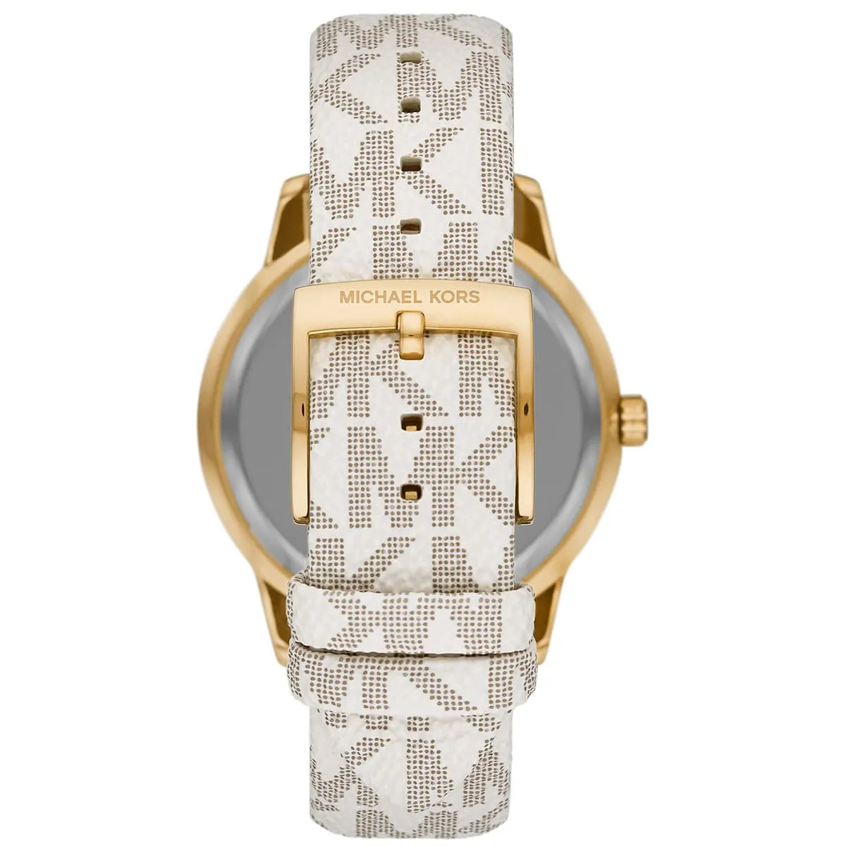 Michael Kors Tibby watch caseback with gold case and white MK patterned leather strap