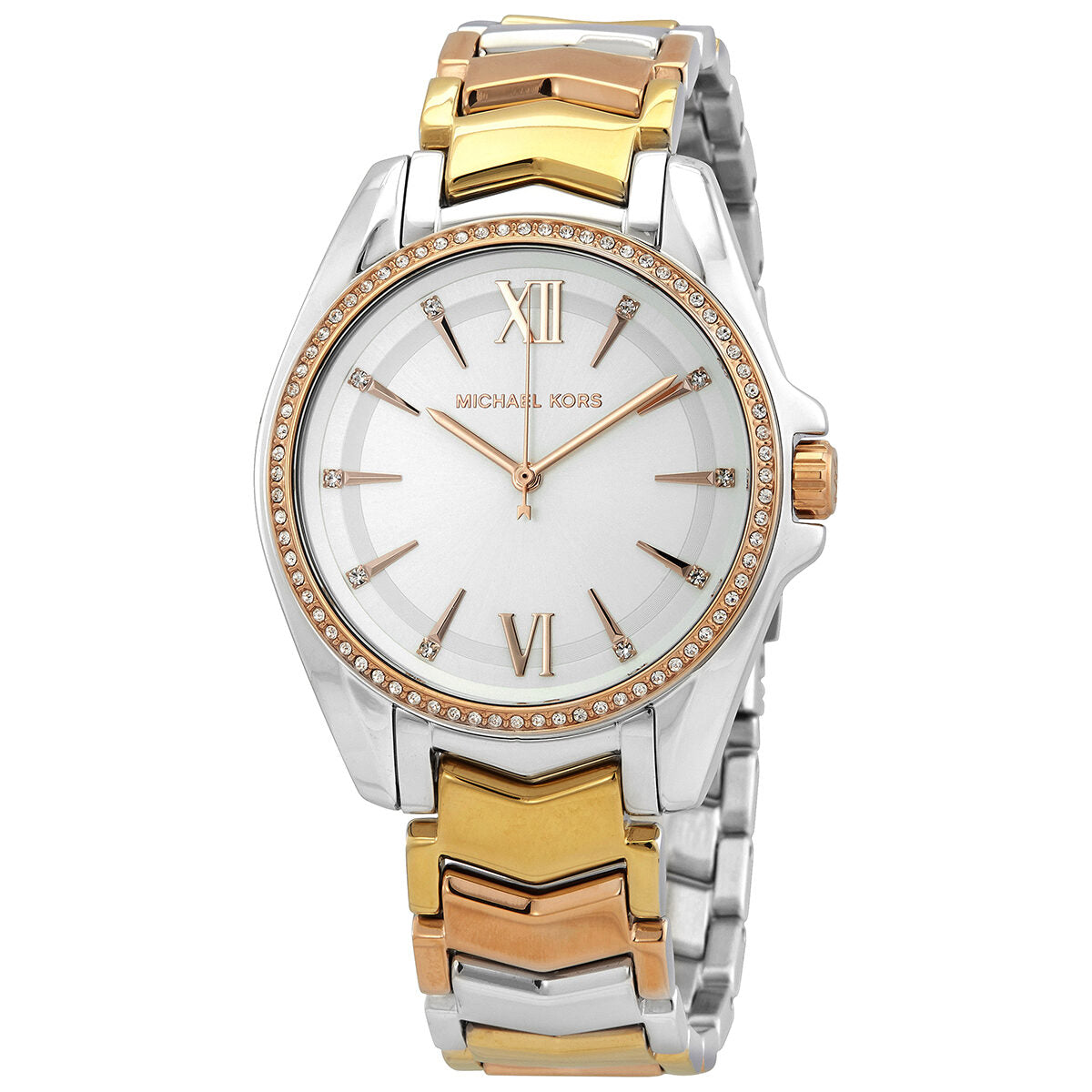 Michael Kors Whitney ladies watch with white sunray dial, crystal bezel, and two-tone stainless steel bracelet
