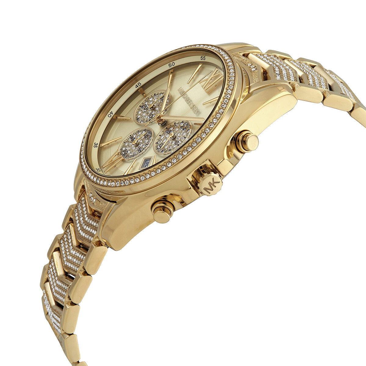 Michael Kors Whitney watch side angle showing gold bracelet and three chronograph subdials