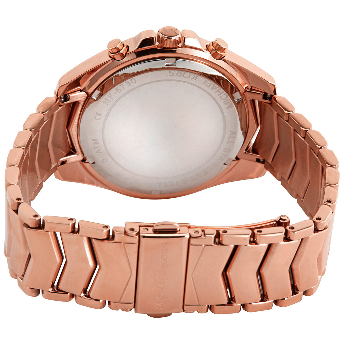 Michael Kors Whitney MK6730 rose-gold watch case back with sapphire crystal showing bracelet