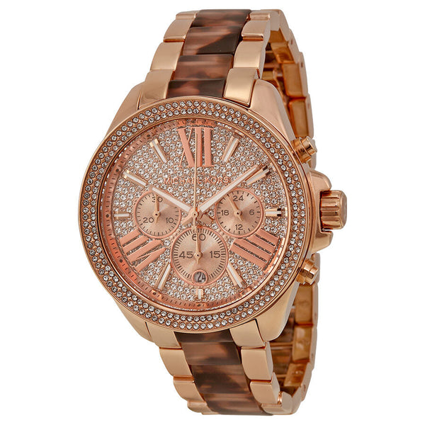 Michael Kors Wren Chronograph Crystal Pave Dial Rose Gold-tone and Tortoise-shell Acetate Ladies Watch MK6159 - Watches of New Zealand
