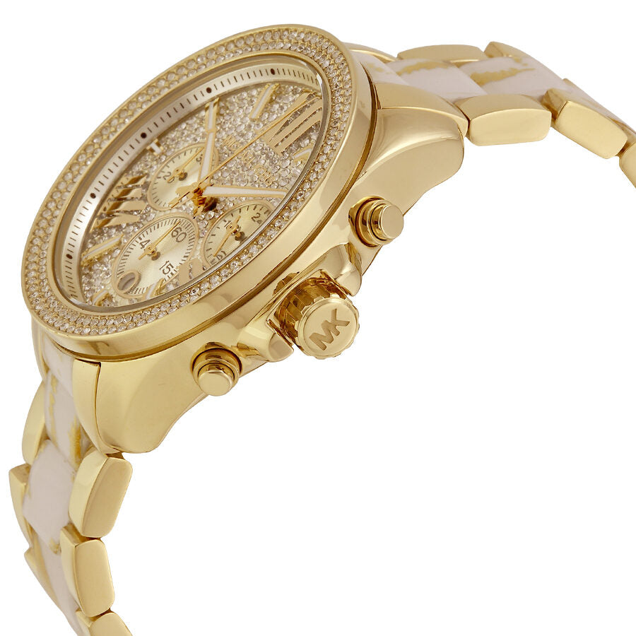 Michael Kors Wren watch angled side view showing chronograph pushers and gold-tone case with diamond-set bezel