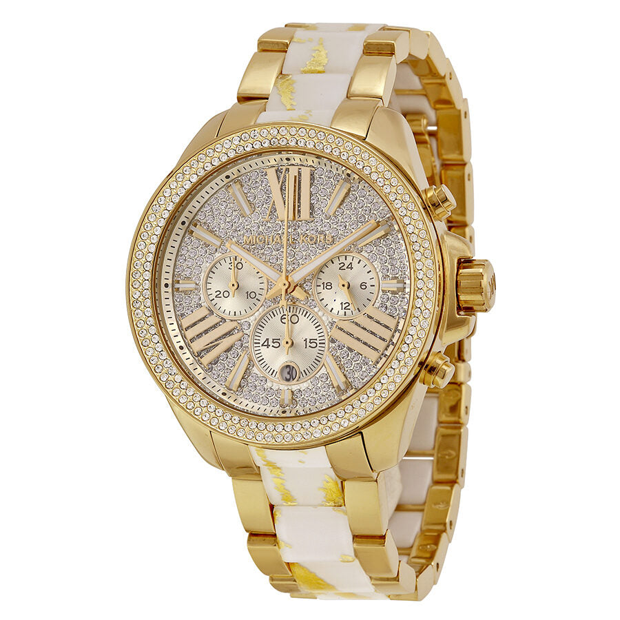 Michael Kors Wren gold-tone women's watch with white zebra diamond dial and gold-white mixed metal bracelet