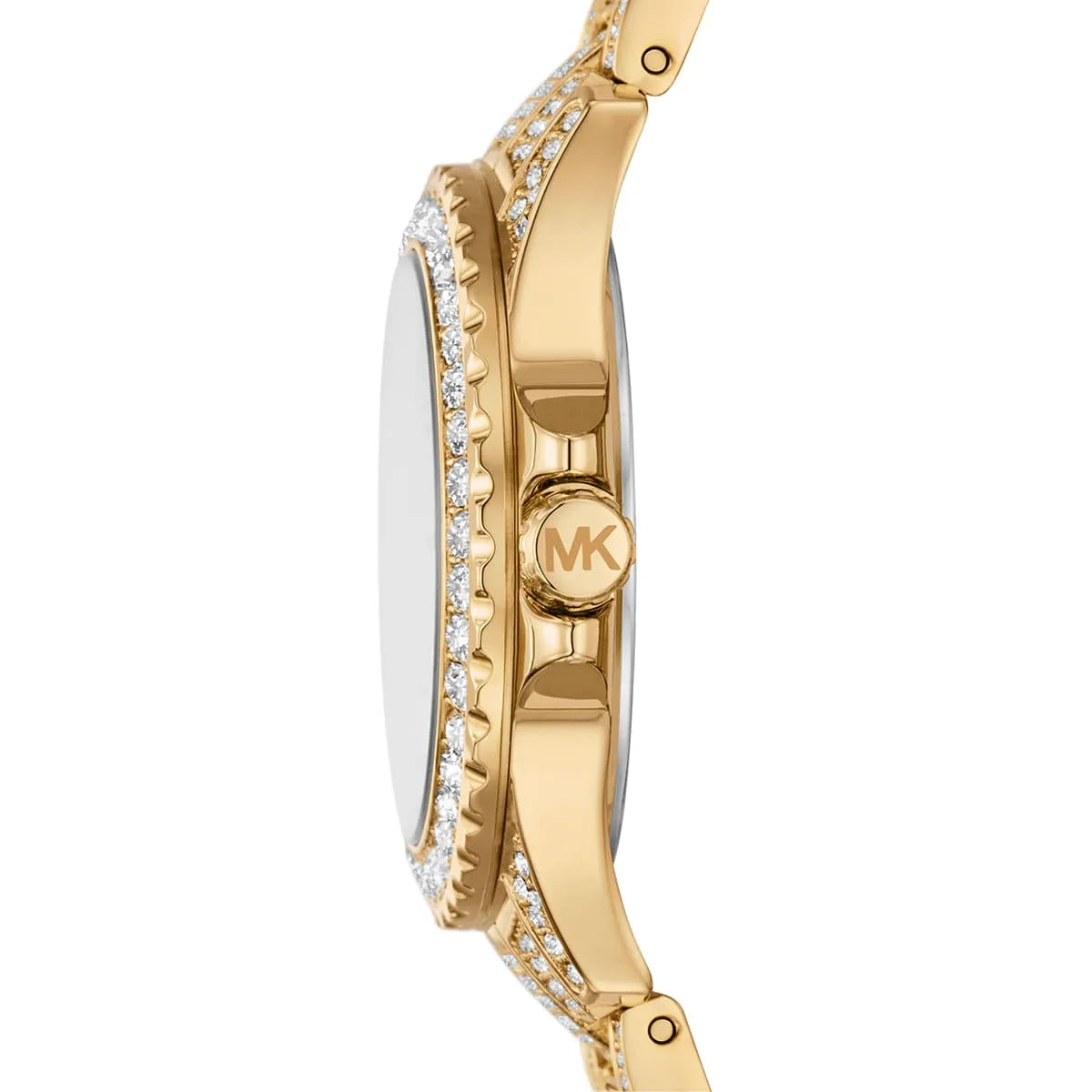 Mini Everest gold-tone watch side profile showing crystal-pavé bezel, case, and deployant clasp