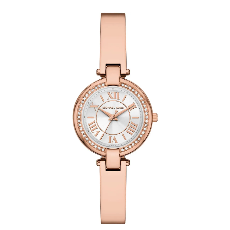 Mini Laney rose gold-tone bangle watch with crystal bezel and silver dial