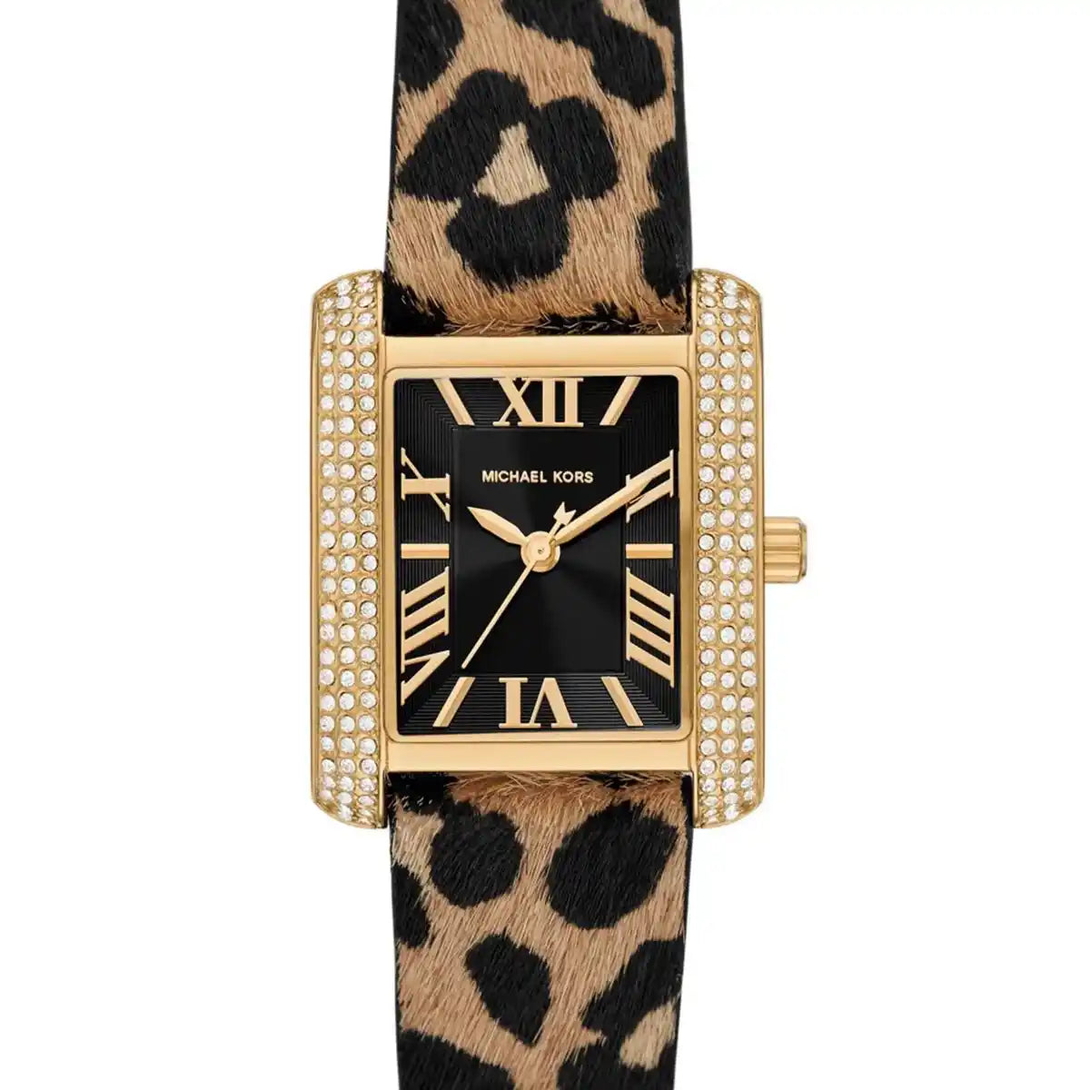 Michael Kors Emery women's watch with black dial, Roman numerals, gold case, and leopard print leather strap