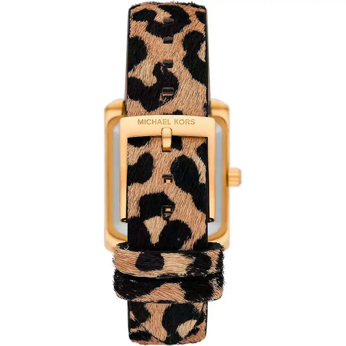 Top-down view of Michael Kors Emery watch with leopard print leather strap