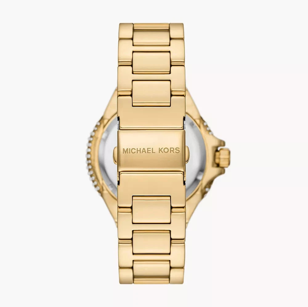 Back view of Corsica watch showing gold-tone link bracelet and case back