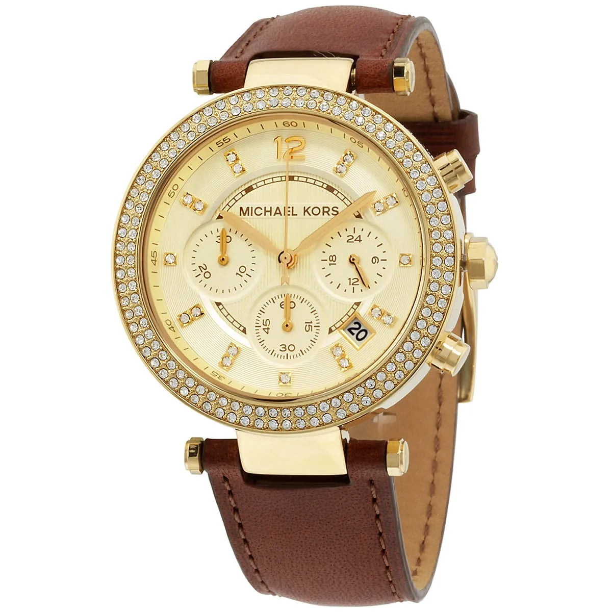 Michael Kors Parker watch angled view showing gold case and brown leather strap